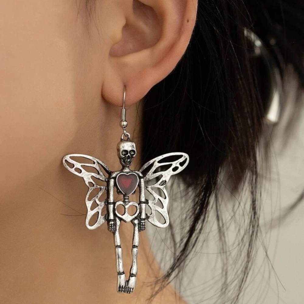 Butterfly skeleton with heart earrings